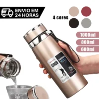 Garrafa 1000ml Inox Térmica Com Infusor Prata e Dourada De Água Café Dupla Com Alça Ver produto